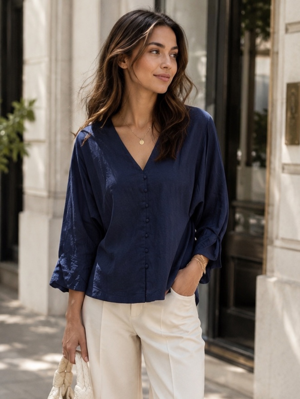 DO+BE Navy Button-Front V-Neck Relaxed Shirt